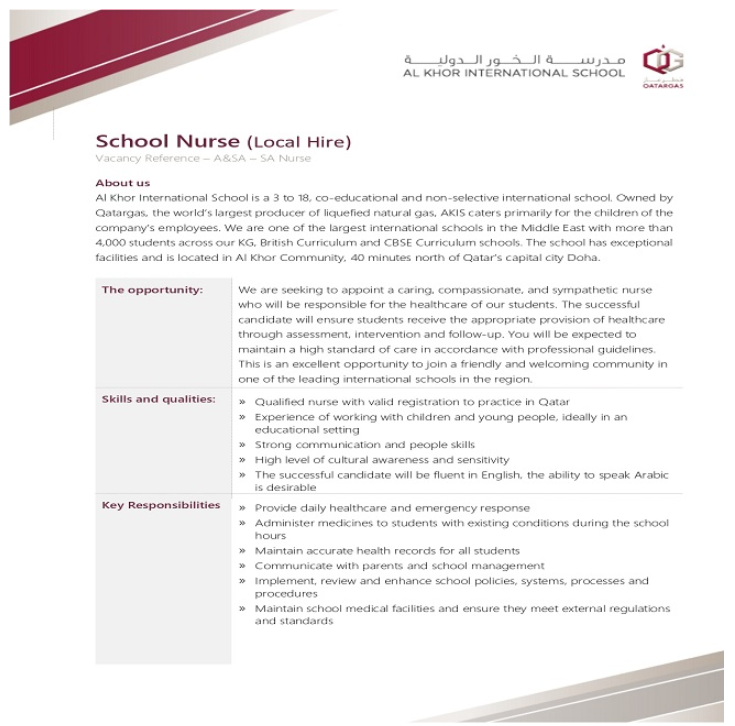 AKIS Vacancy: School Nurse - September 2020