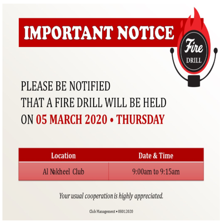 Important Notice: March 2020 Fire Drill Schedule