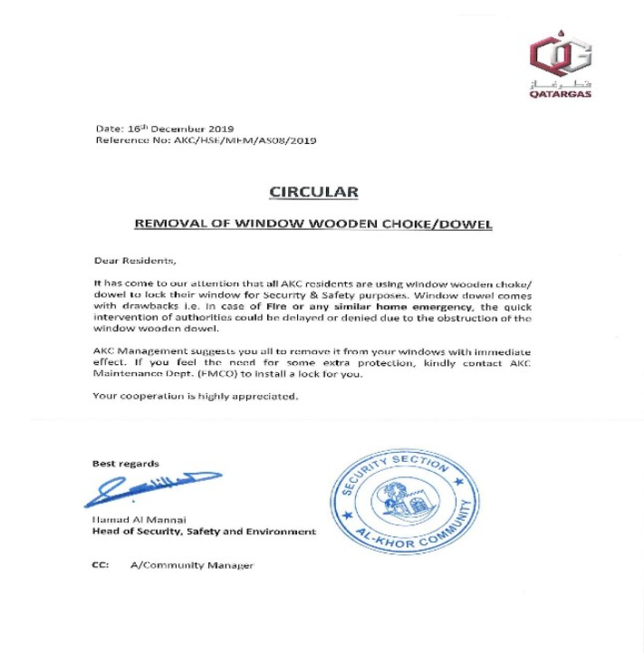 Circular: Removal of Window Wooden Choke / Dowel