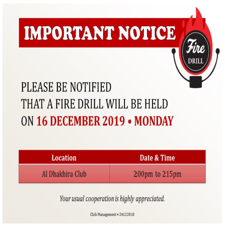 Important Notice: Fire Drill Schedule - December 2019