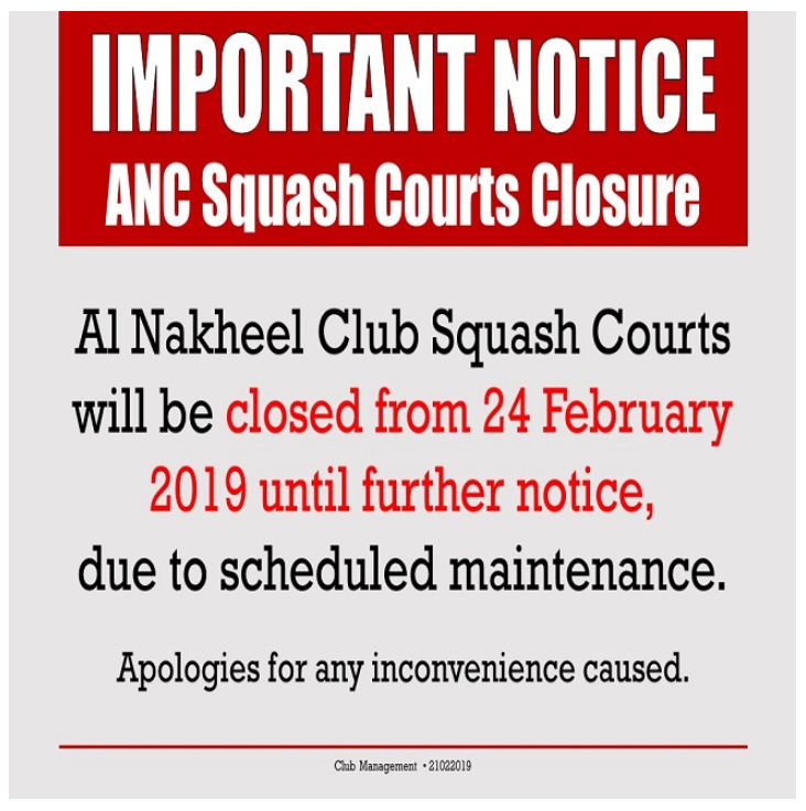 Important Notice: ANC Squash Courts Closure