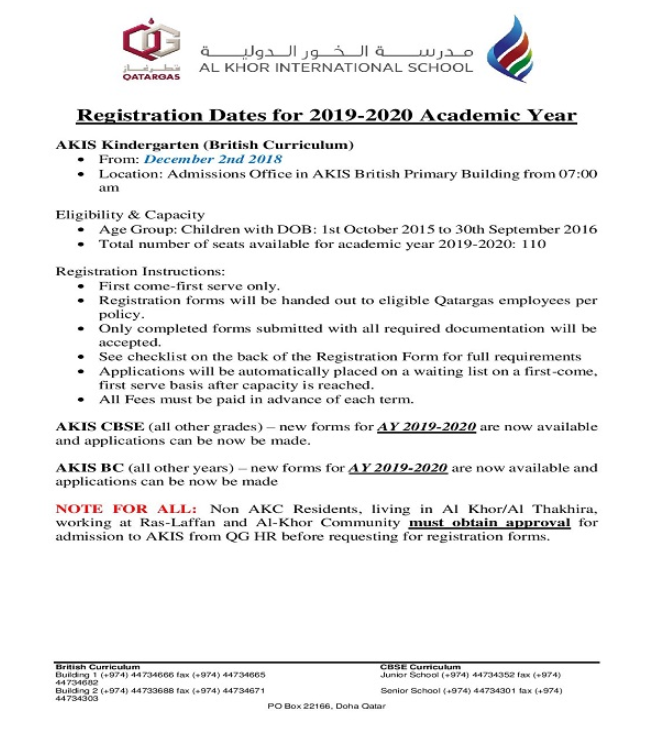 AKIS Kindergarten Registration Dates AY 2019-2020