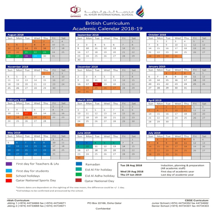 AKIS BC & CBSE Academic Calendars 2018-2019
