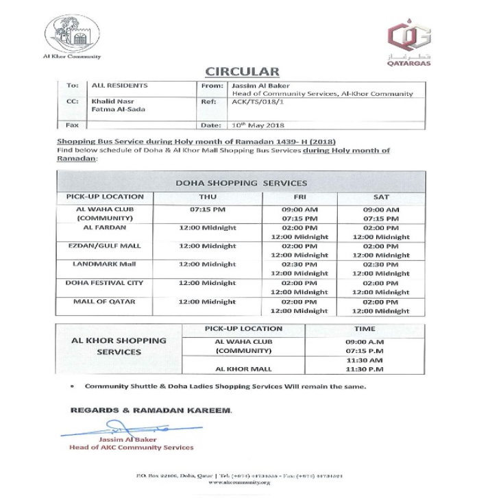 Ramadan 2018: Shopping Bus Schedule
