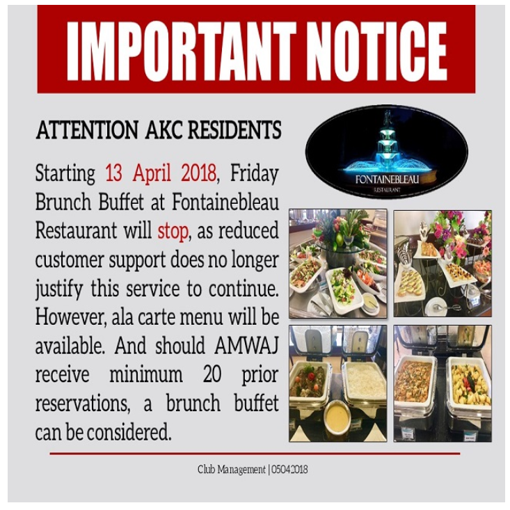 Important Notice: Friday Brunch Buffet Cancellation