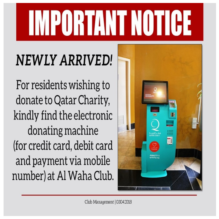 Important Notice: Qatar Charity Electronic Donating Machine