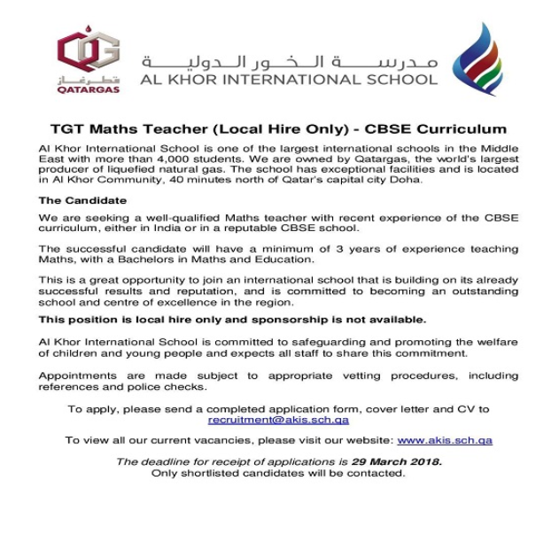 AKIS Vacancy: TGT Maths Teacher