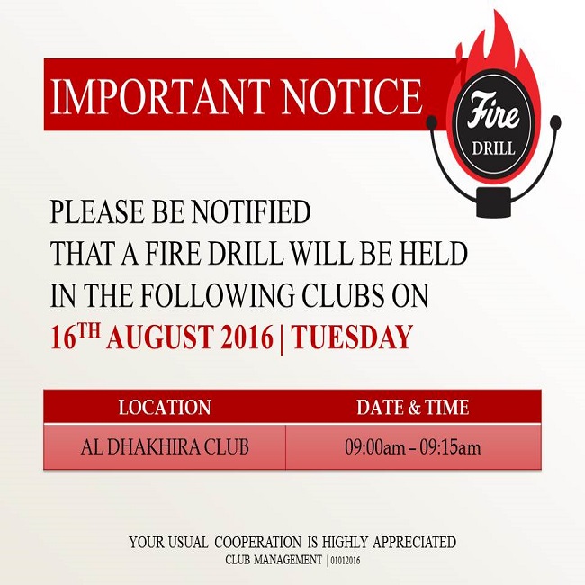 Important Notice: Fire Drill Schedule - August 2016