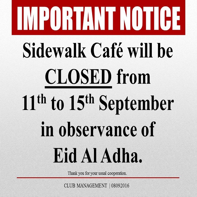 Important Notice: Sidewalk Cafe Closed on Eid Al Adha