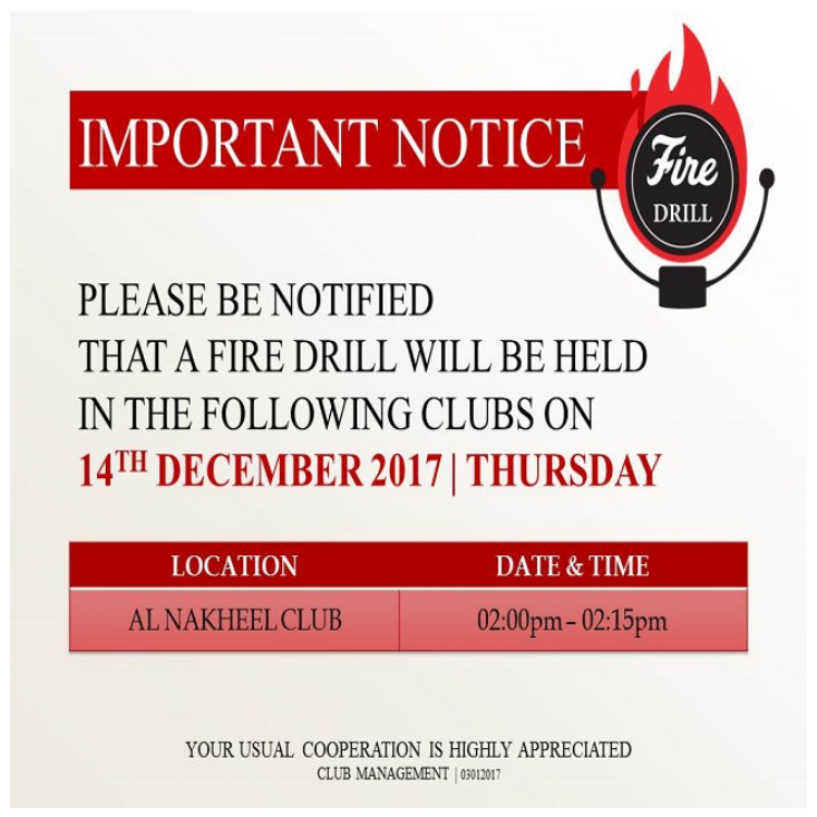 Important Notice: Fire Drill - December 2017
