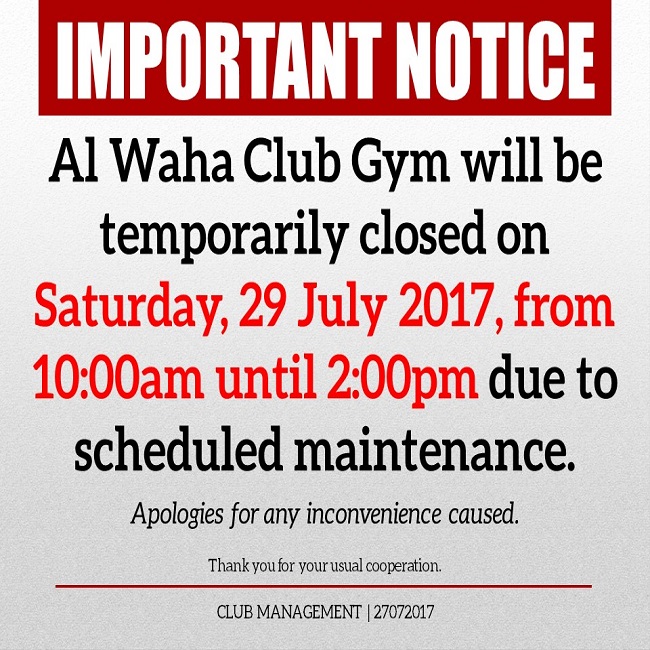 Important Notice: AWC Gym Closure on 29 July 2017