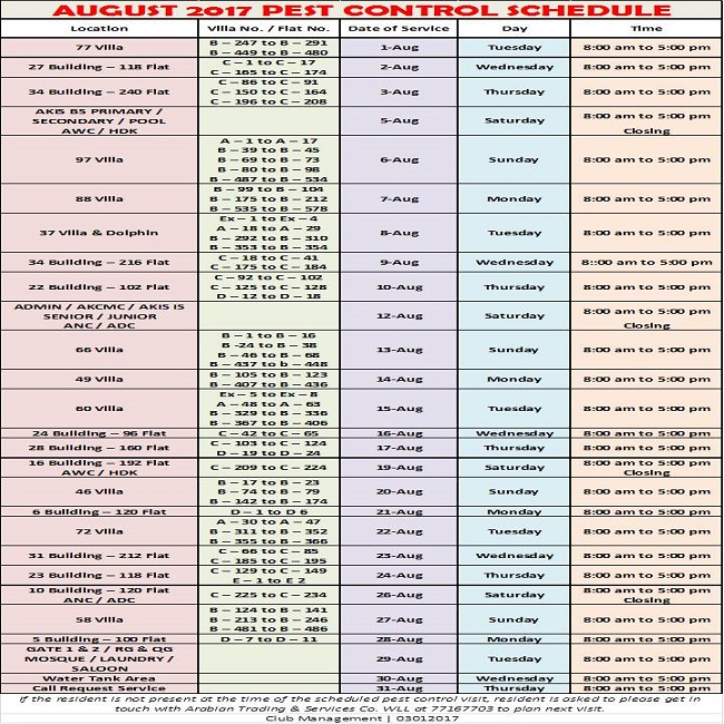 August 2017 Pest Control Schedule