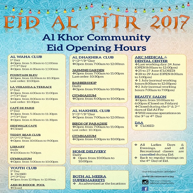 Eid Al Fitr 2017: AKC Eid Opening Hours