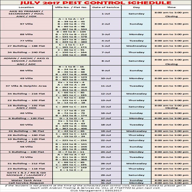 July 2017 Pest Control Schedule