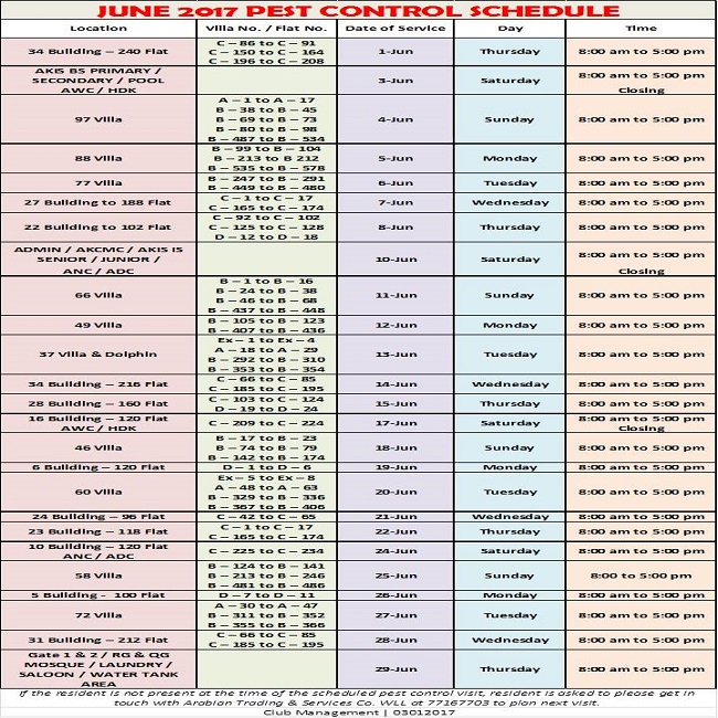 June 2017 Pest Control Schedule