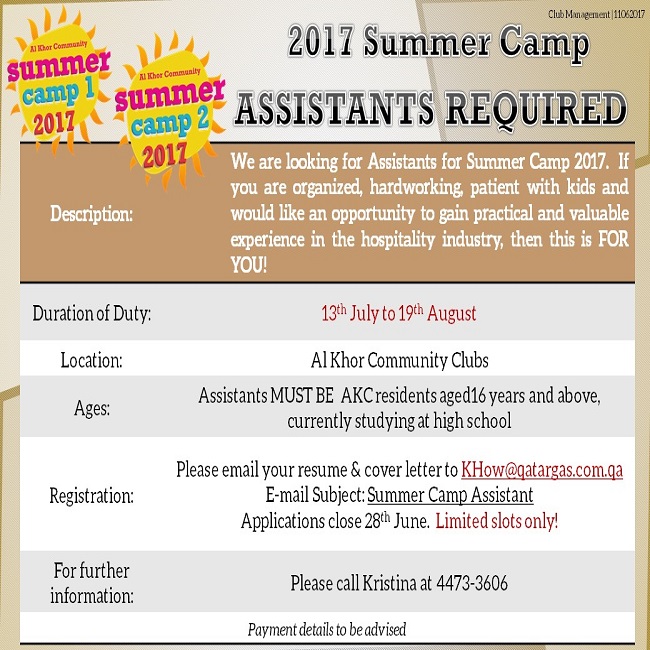 Summer Camp 2017: Assistants Required