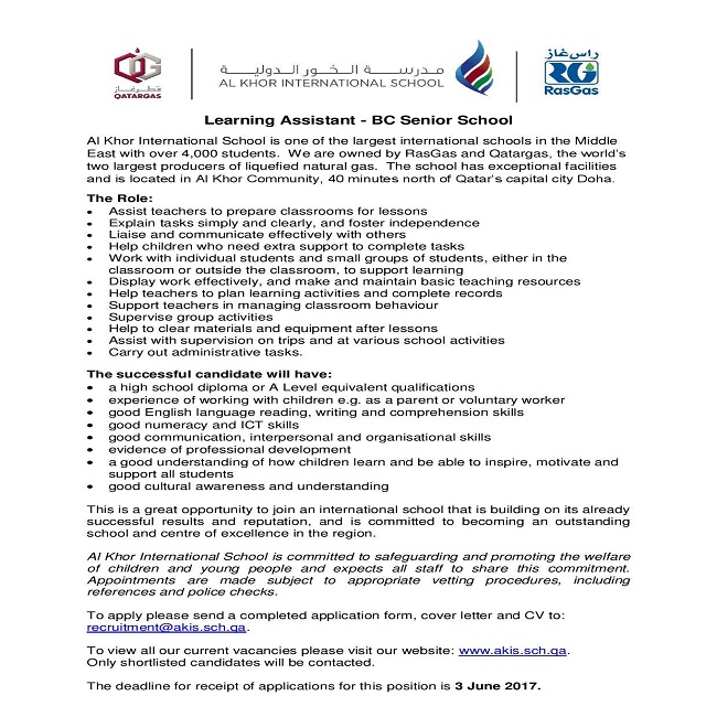 AKIS Vacancy: Learning Assistant - BC Senior School