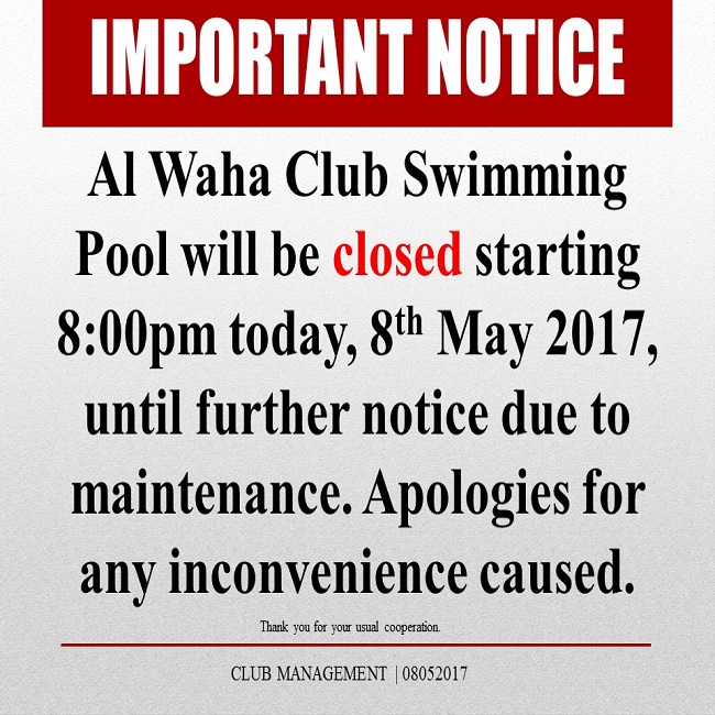 Important Notice: AWC Pool Temporary Closure - 08 May 2017