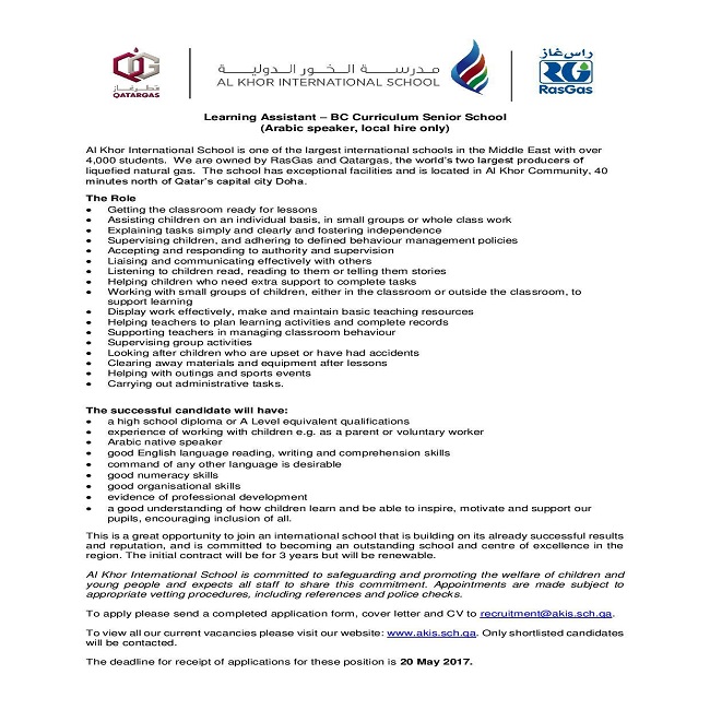 AKIS Vacancy: Learning Assistant - BC Curriculum Senior School (Arabic Speaker, Local Hire Only)