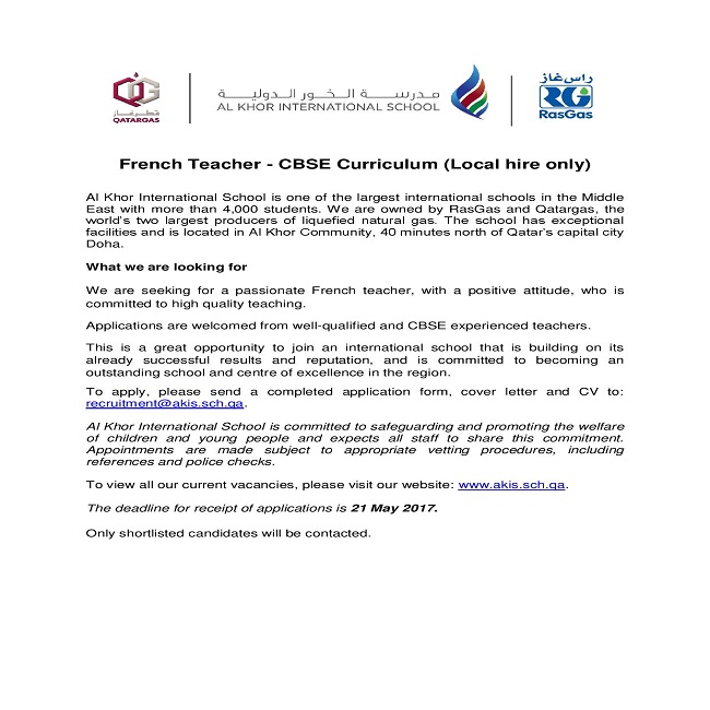AKIS Vacancy: French Teacher - CBSE Curriculum (Local Hire Only)