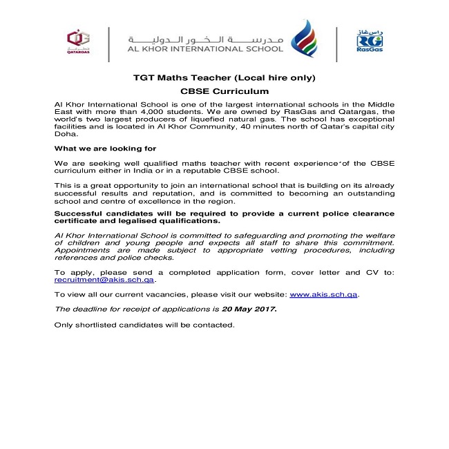 AKIS Vacancy: TGT Maths Teacher (Local Hire Only) - CBSE Curriculum