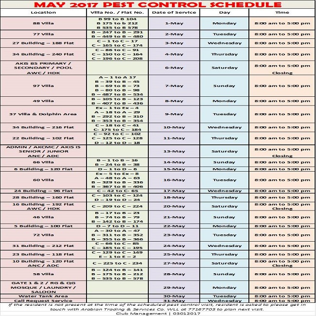 May 2017 Pest Control Schedule