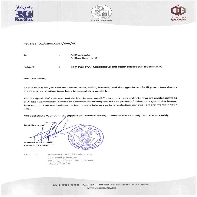 Memo: Removal of All Conocarpus and Other Hazardous Trees in AKC