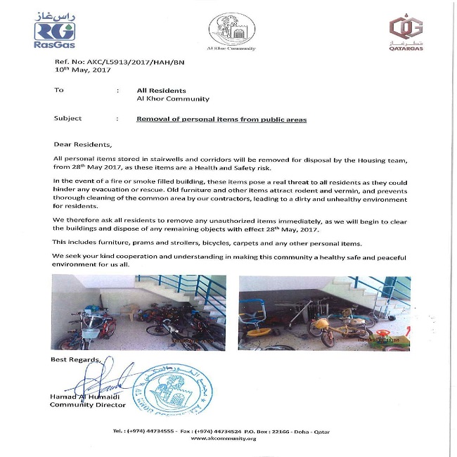 Memo: Removal of Personal Items from Public Areas