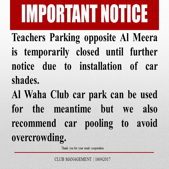 Important Notice: Temporary Use of AWC Car Park for Teachers Parking