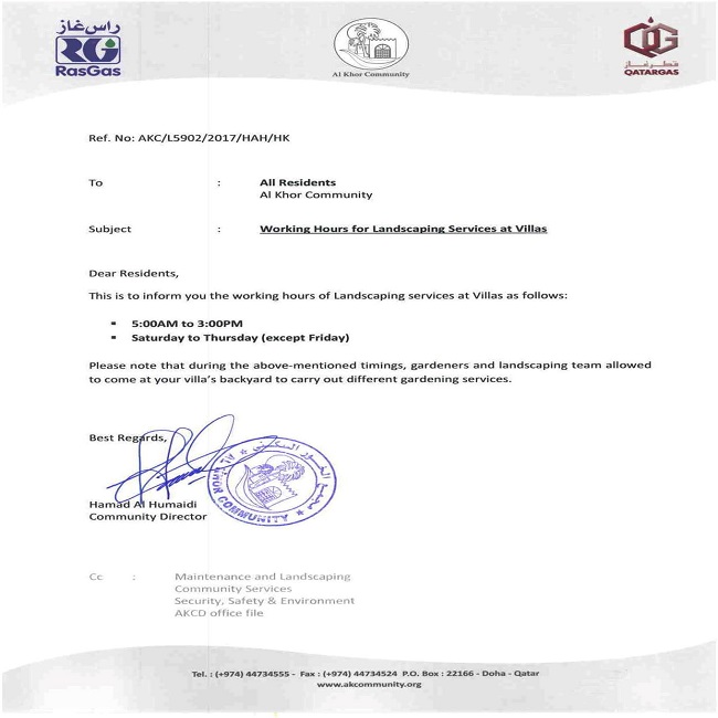 Memo: Working Hours for Landscaping Services at Villas