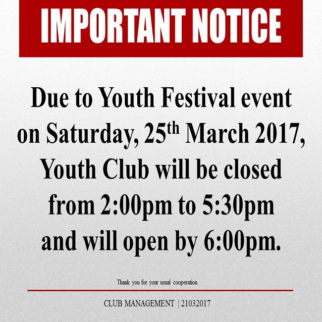 Important Notice: Youth Club Timings on 25 March 2017 Due to Youth Festival