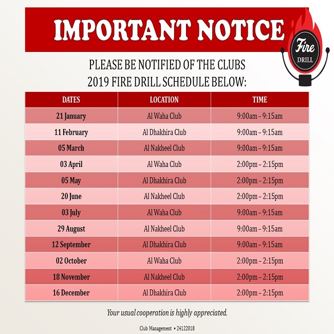 Important Notice: Clubs 2019 Fire Drill Schedule